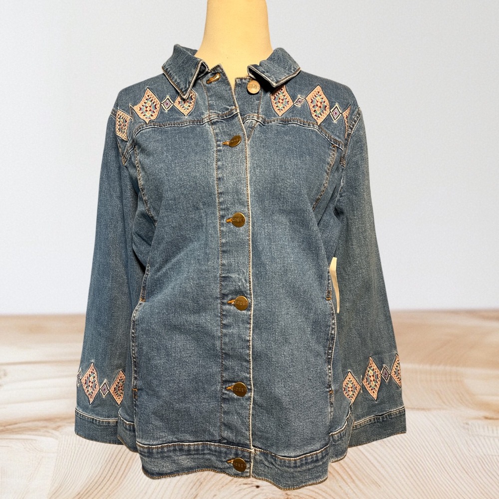 NWT Koret Denim Jean Jacket 16W Plus Size Embroidered Boho Western Patchwork